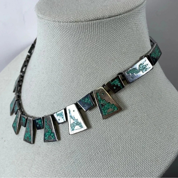 925 Vintage silver - Aztec style necklace with inlaid turquoise coloured stone - Picture 4 of 7